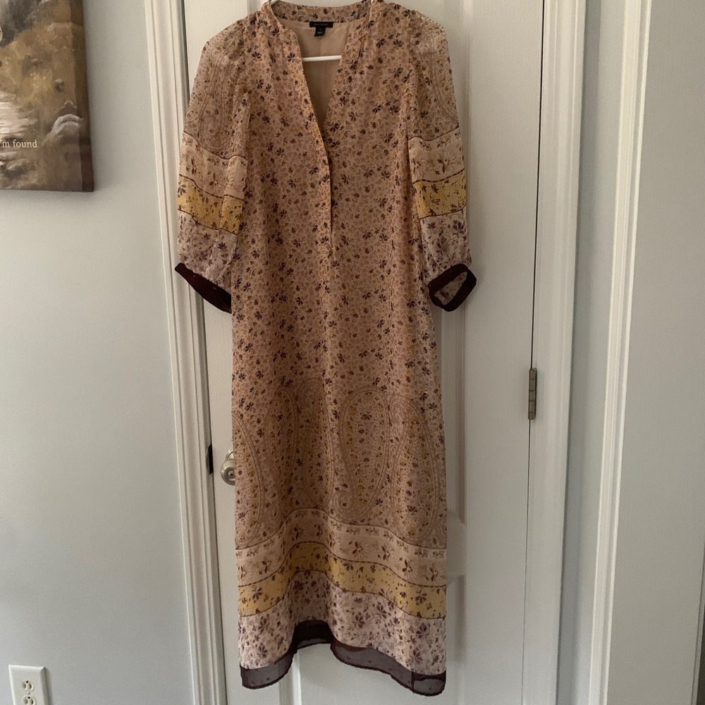 Ann Taylor Floral Metallic Fil Coupe Midi Dress Tan Gold Plum Womens Small S